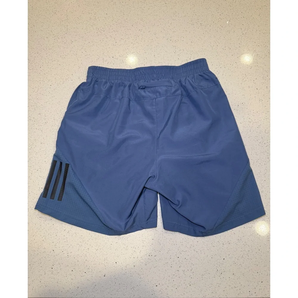 Adidas Mens Running Training Shorts Blue 3-Stripe Elastic Waist Pockets Gym
